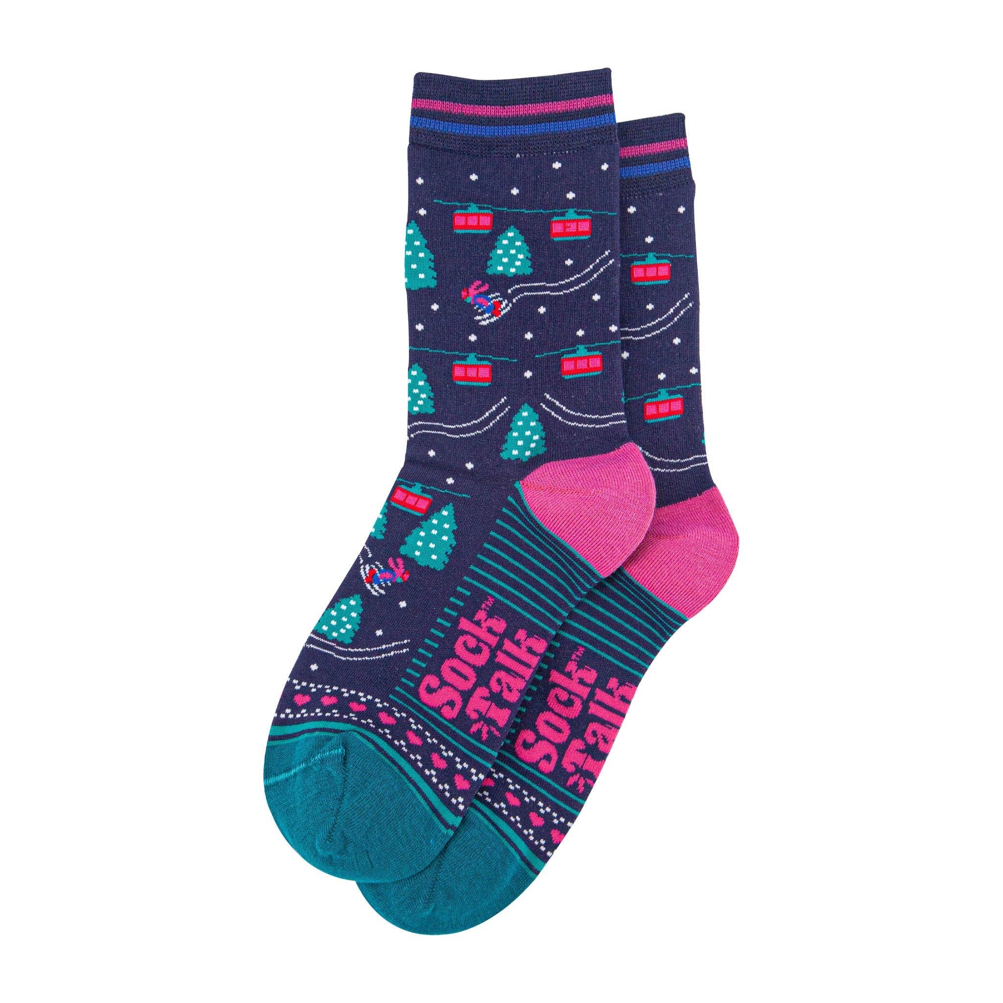 Sock Talk - Wholesale Socks - Women's - Women's Bamboo Socks - Navy Blue/Green, Cable Cars and Trees1