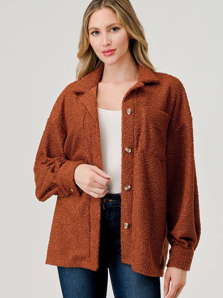 Teddy Boucle Button Down Shacket Shirt Jacket in Copper for wholesale by Pixi + Ivy
