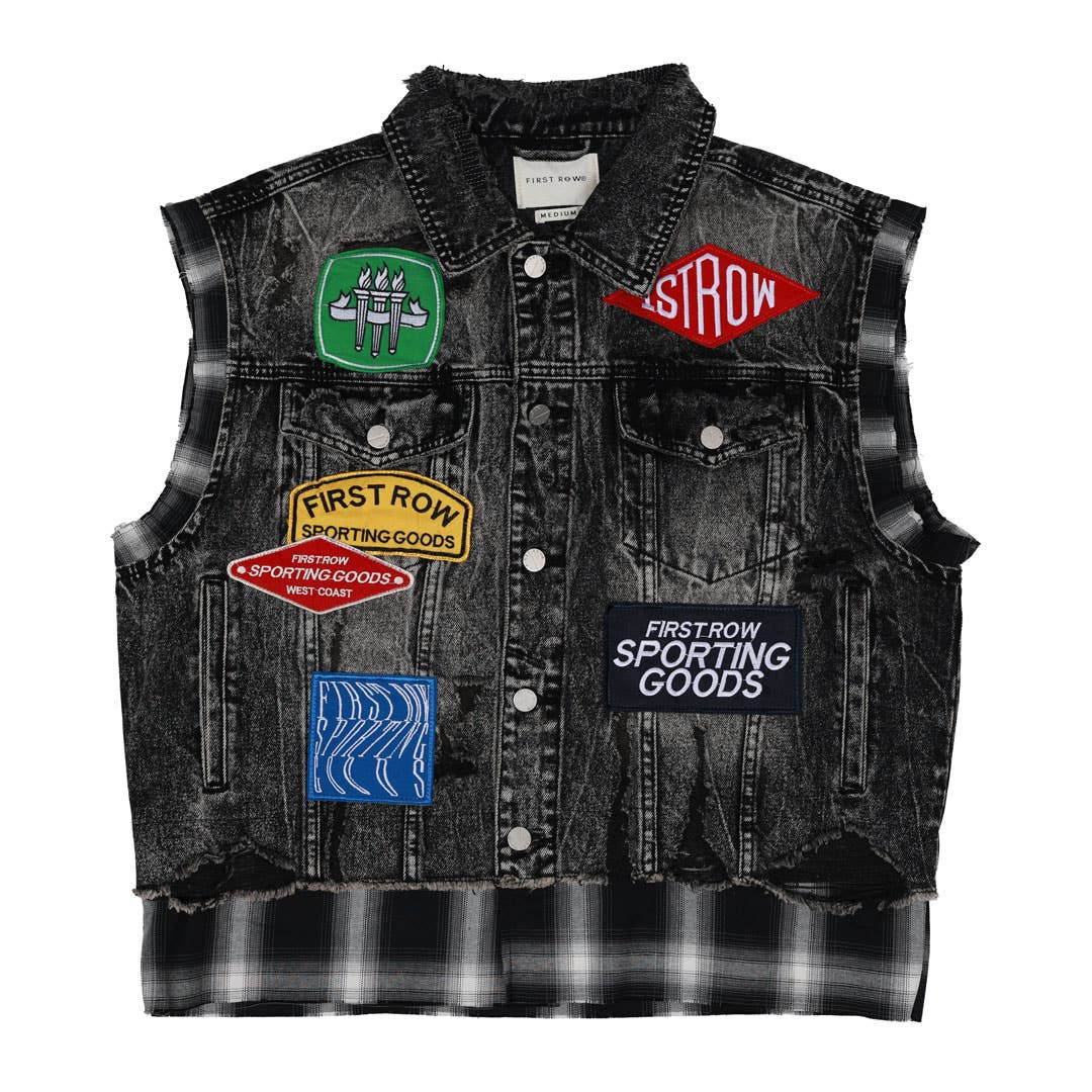 Black Stone PATCHES CUT OFF PLAID DENIM VEST for wholesale on Faire6