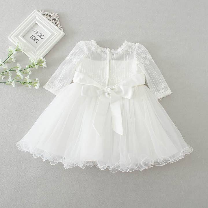 Nicolette's Couture - Wholesale Dress - Kids - The Sarah Dress - White Lace Christening Gown, Infant Baptism Dress, Long Sleeve Baby Boho Dress, Flower Girl