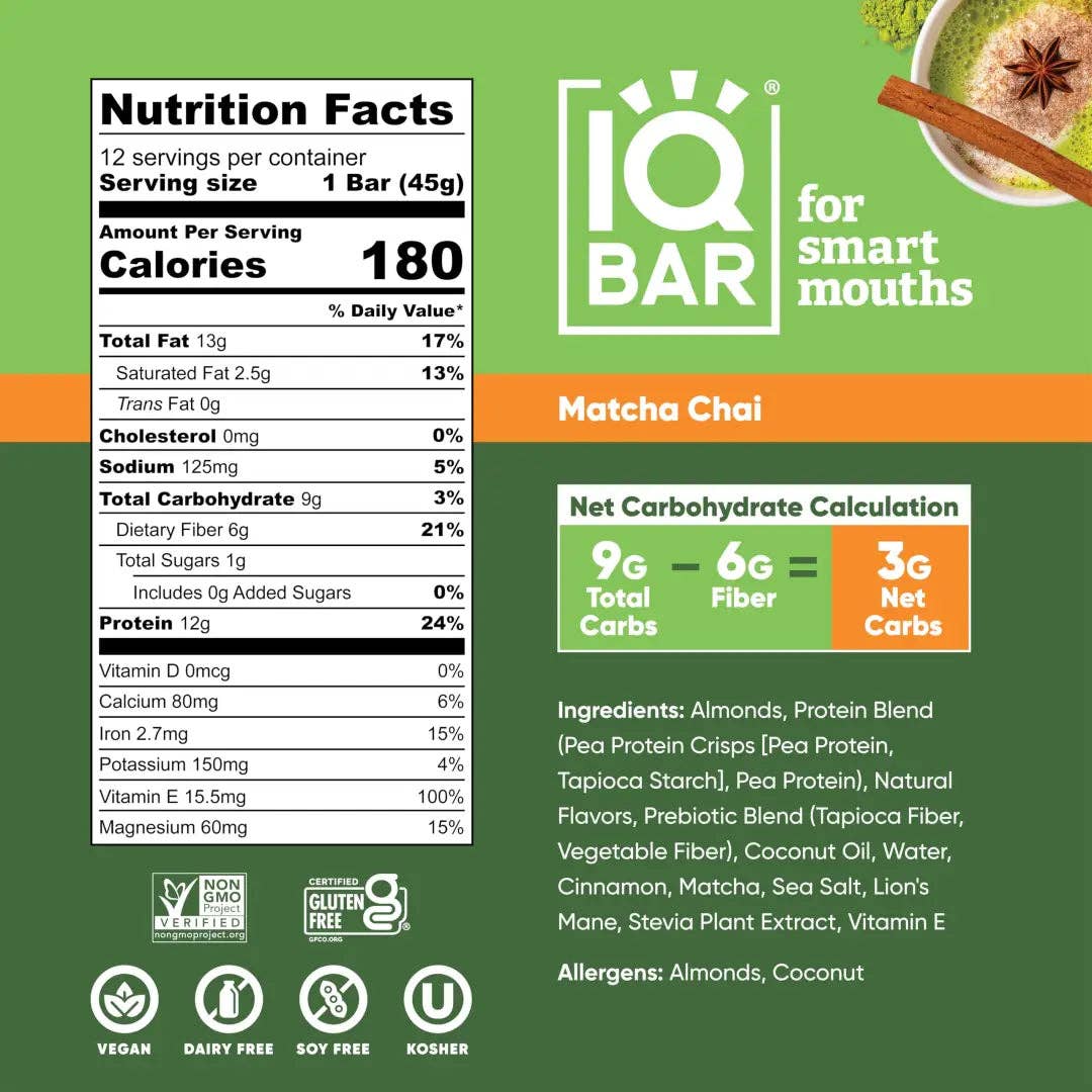Echo Sales America - Wholesale Snack Bar - IQBAR Brain + Body Protein Bars, Matcha Chai, Keto, Vegan, Paleo Friendly, Low Sugar, Low Net Carb, High Fiber, Gluten Free, No Sugar Alcohols, 12 Count1