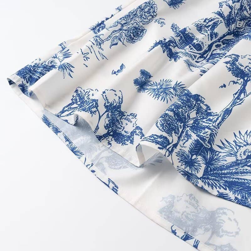 Blue Floral Toile print strappy dress w open back bow tie for wholesale on Faire6