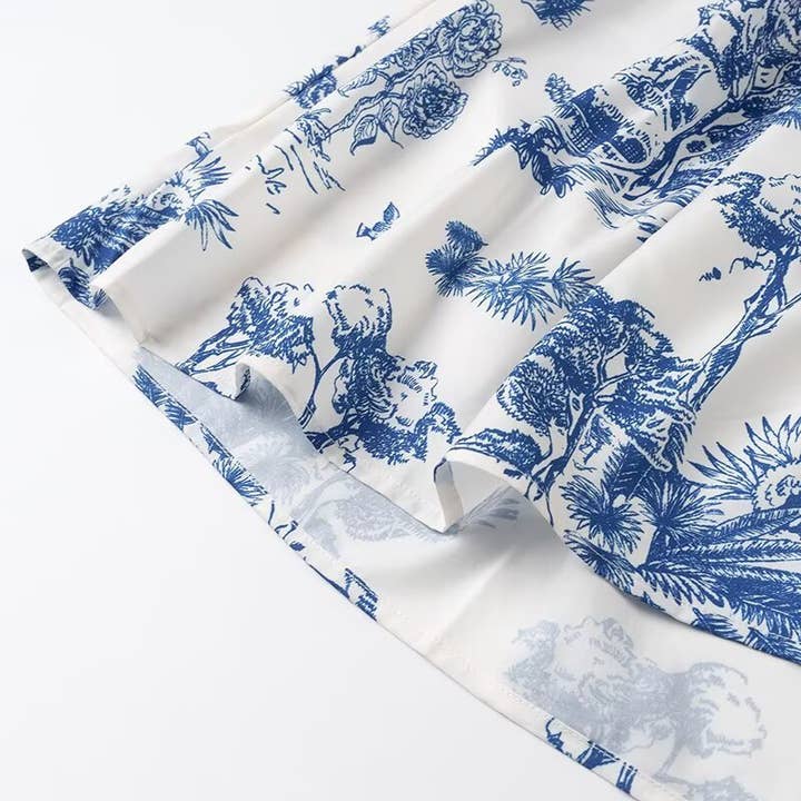 Blue Floral Toile print strappy dress w open back bow tie for wholesale on Faire6