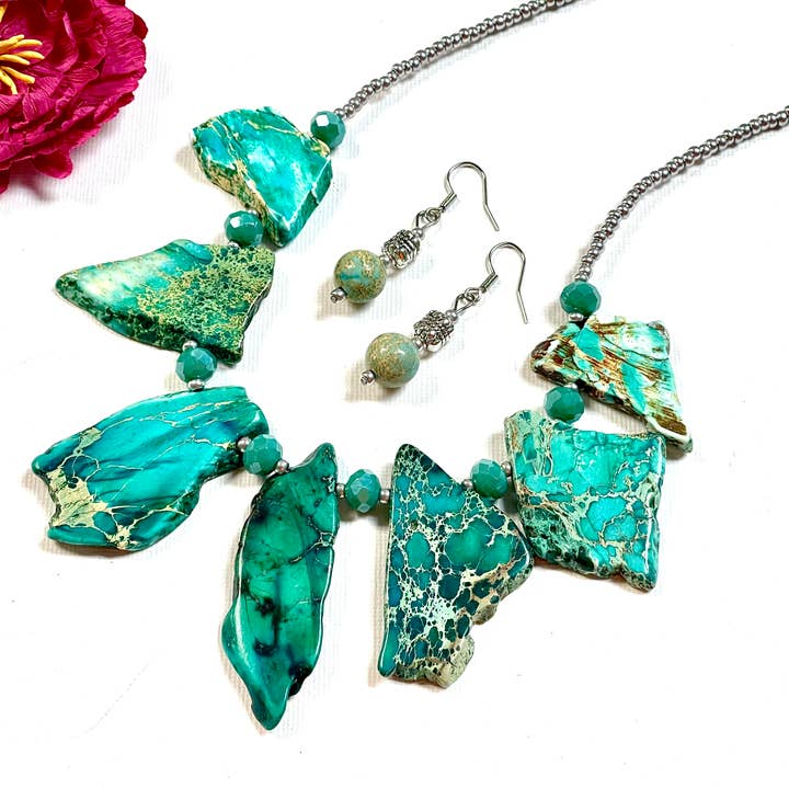 Devi Creations - Wholesale Pendant/Charm Necklace - Chunky Aqua Terra Jasper Statement Necklace in Aqua Blue (Copy)