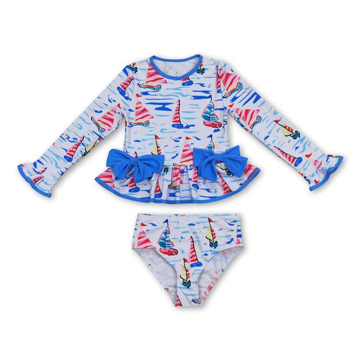 Blue sailboat long sleeves one pc baby girls swimsuit for wholesale by Yawoo Garments