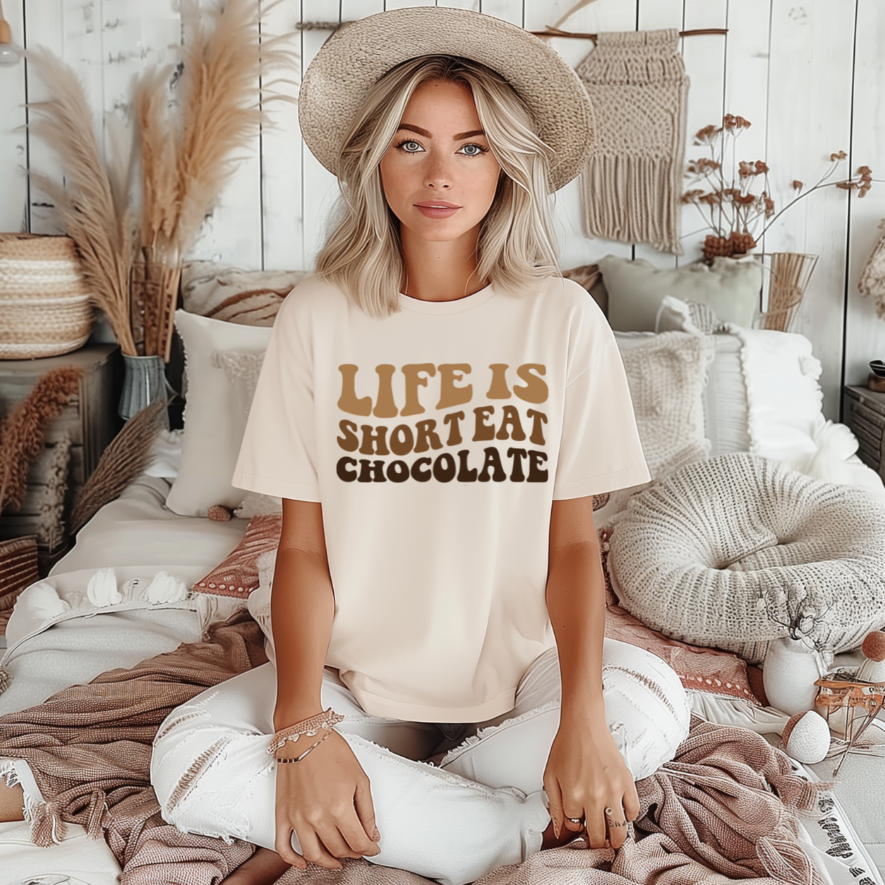 Rustic Radiance – Großhandel T-Shirt mit Siebdruck – Damen – DAS LEBEN IST KURZ, ISS SCHOKOLADE0