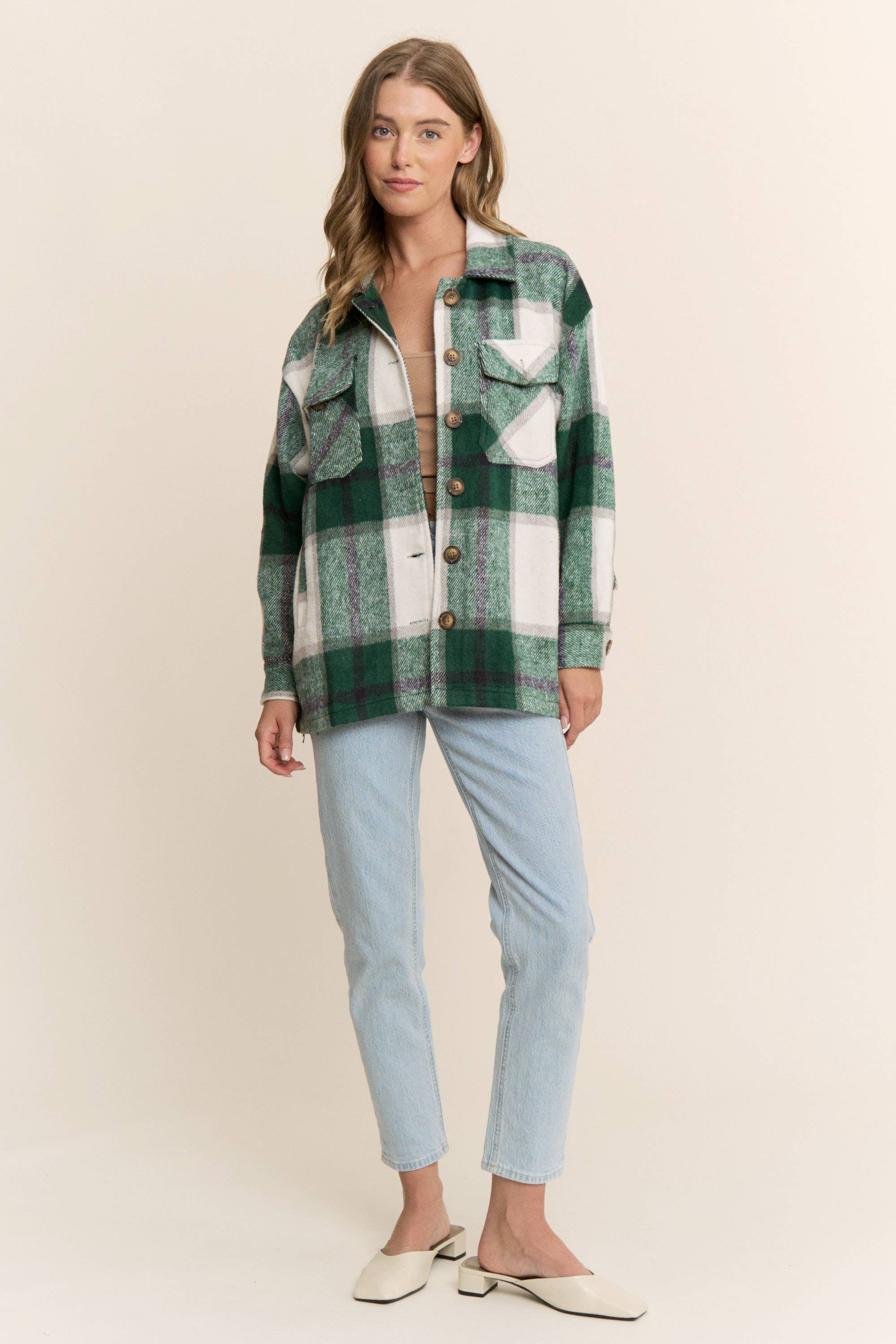 Sweet Generis - Wholesale Shirt Jacket/Shacket - Women's - FUZZY PLAID BUTTON DOWN FLANNEL SHIRT JACKET45