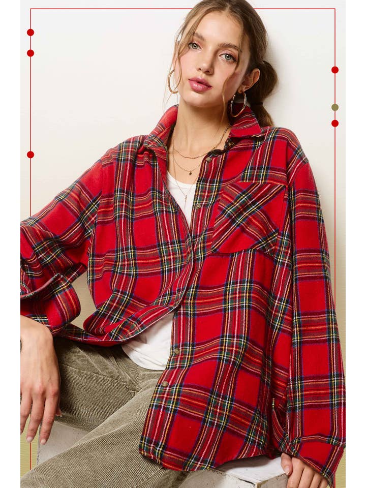La Miel - Wholesale Button Down Shirt - Women's - SRT7807-Loose Fit Button Down Soft Fabric Plaid Shirts