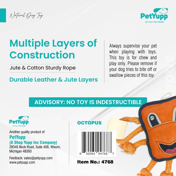 PetYupp - Wholesale Pet Chew Toy - Dog - Retrieve & Chew Toy with 2 Natural Bone - Octopus4