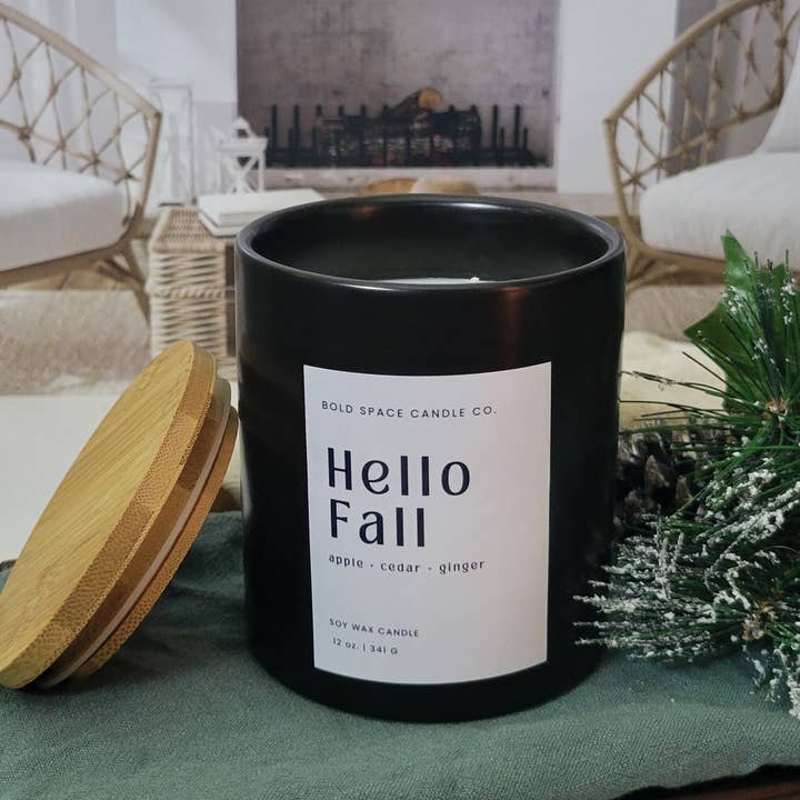 Hello Fall- Apple + Cedar + Ginger - 12 oz. Fall Soy Candle for wholesale by Bold Space Candle Co.