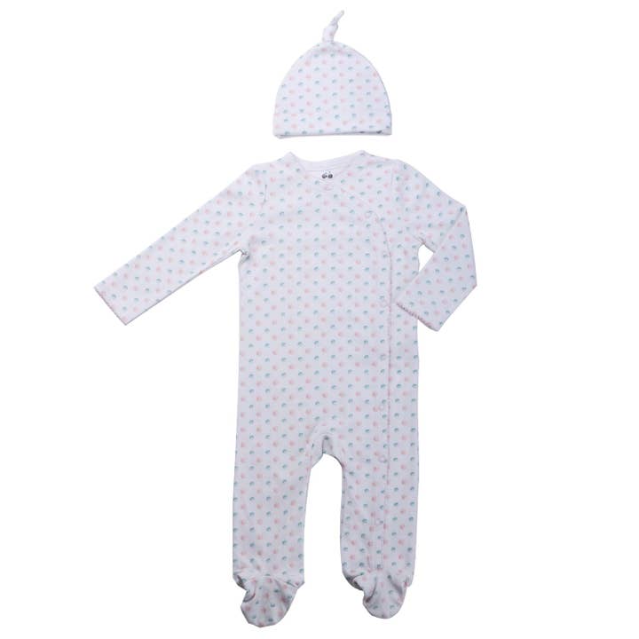Baby Footie w/ Hat - Soft Dots Print for wholesale by Asher and Olivia