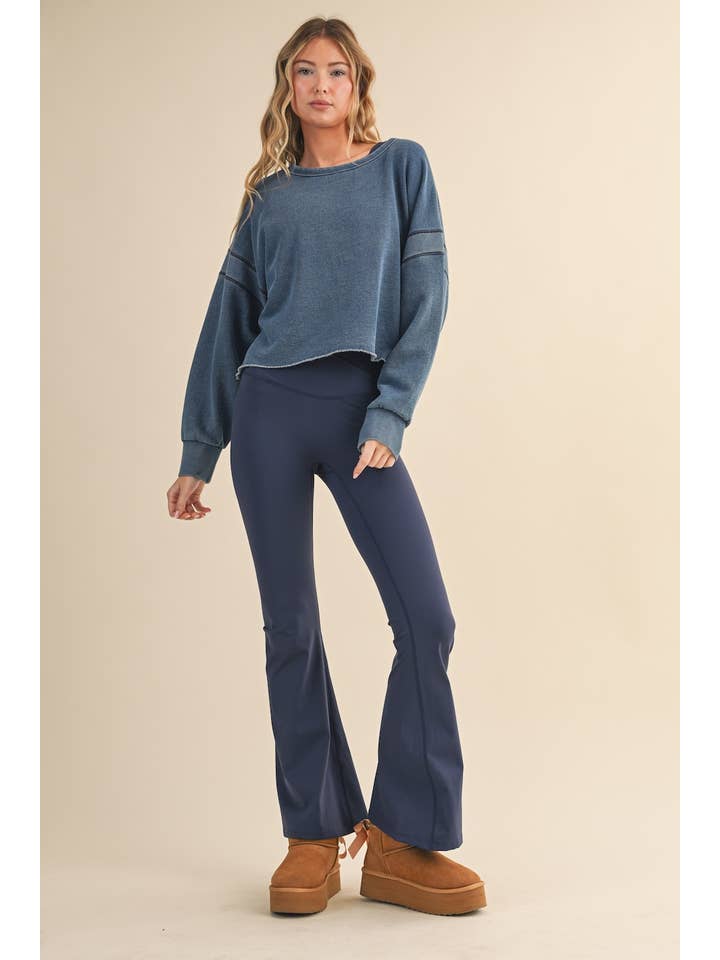 KIMBERLY C - Wholesale Athletic Top - Women's - Denim Wash Cutout Back Layering Fleece-Lined Sweatshirt2