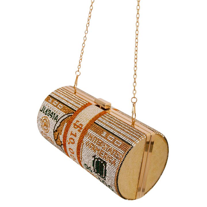 Gold Bling Rolled Benjamins Clutch for wholesale on Faire