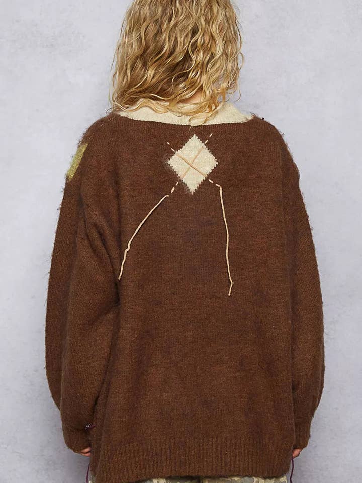 MOCHA POL V-Neck Argyle Pattern Mohair Sweater with Contrast Exposed Stitch Detail for wholesale on Faire14