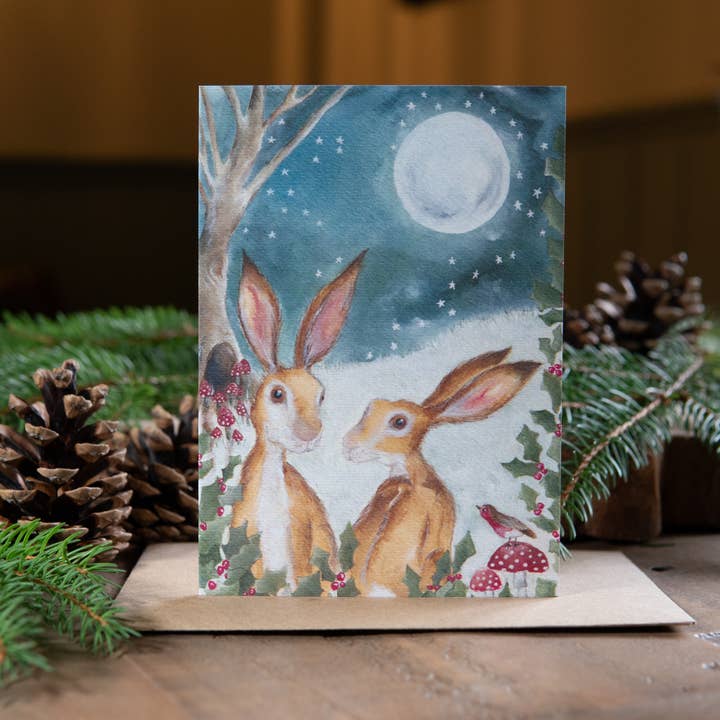 Holly Hares Card | Woodland Hares Christmas Card for wholesale by Zoë Rose