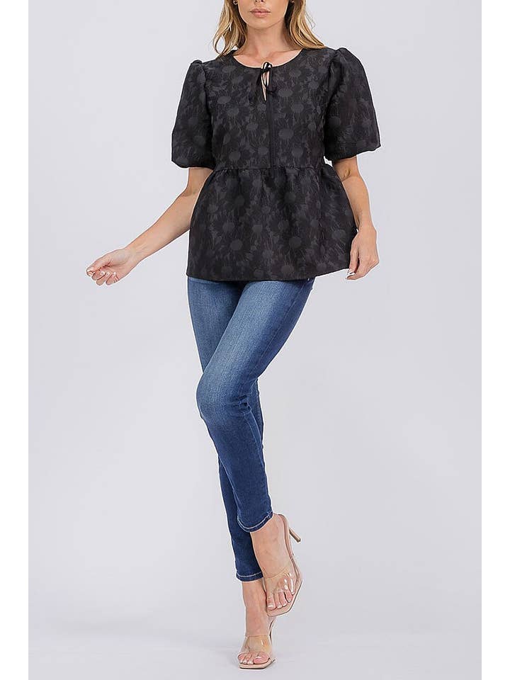 ROUSSEAU - Wholesale Blouse - Women's - PUFF SLEEVE V-NECK FLORAL DETAILED BLOUSE3