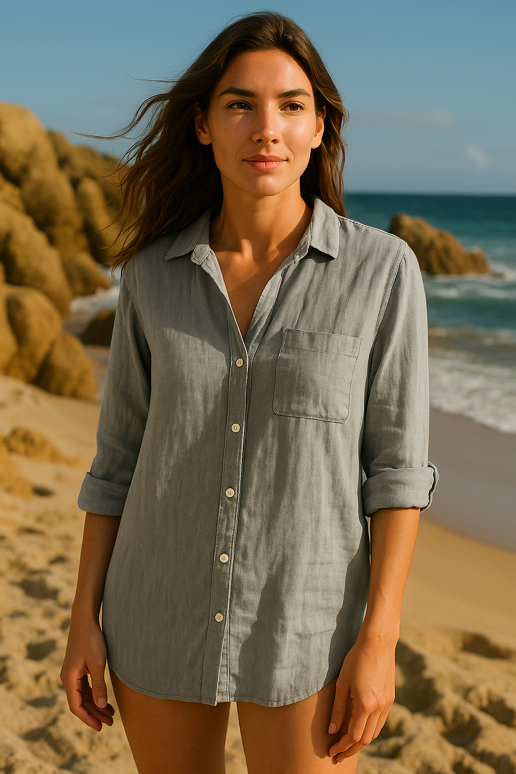 LINEN & COTTON HOUSE - Wholesale Button Down Shirt - Women's - LINEN SHIRT WITH SQUARE POCKET, SPRING SUMMER 740011