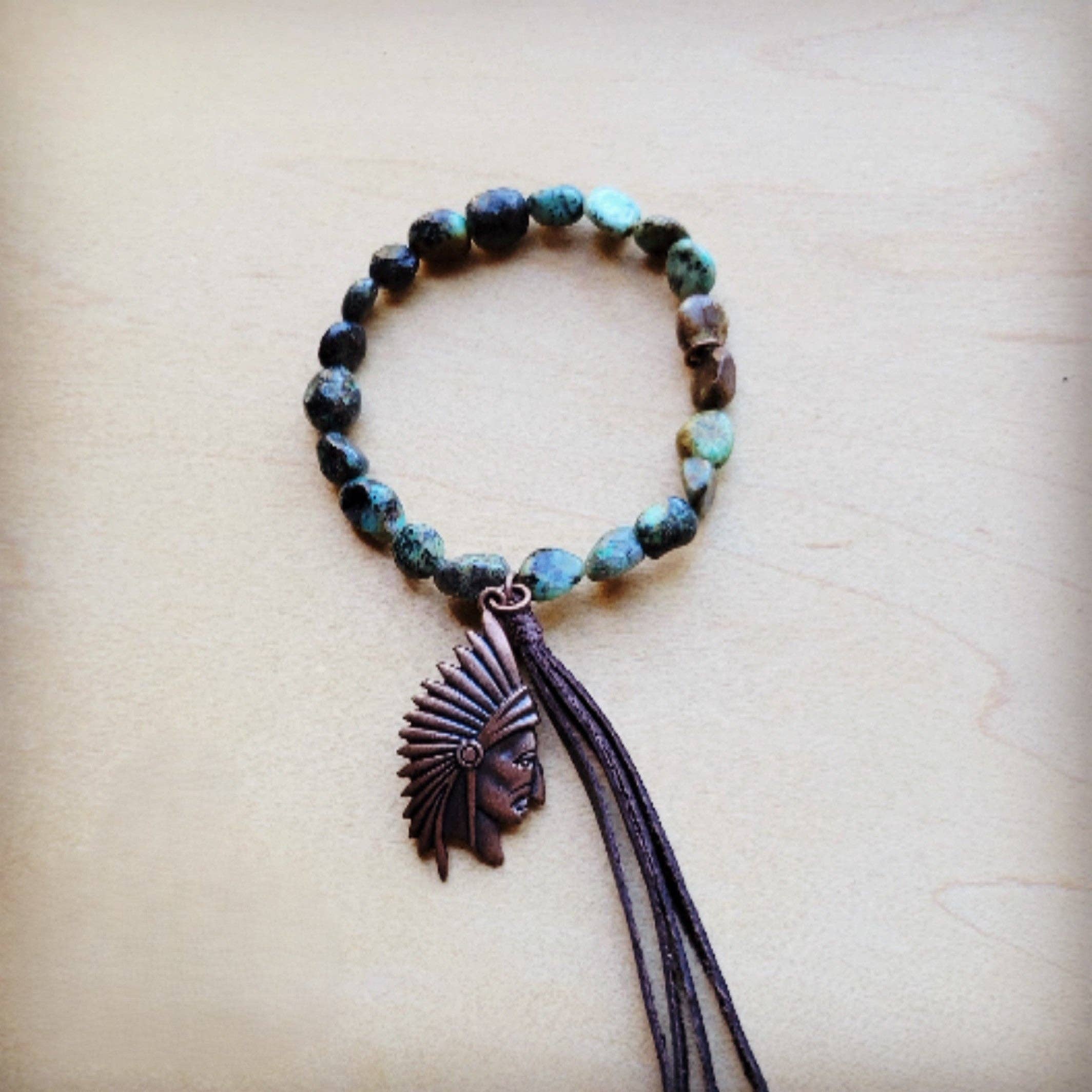 The Jewelry Junkie - Wholesale Beaded Bracelet - **Natural Turquoise Stretch Bracelet w/ Indian Charm 809u0