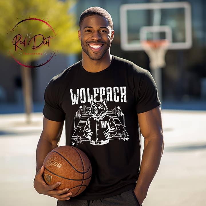 Wolfpack Basketball Letterman T-Shirt | Trendy School Spirit Shirt | Fast Shipping | Super Soft Shirts for Men/Women/Kid's for wholesale by Red Dirt Transfers