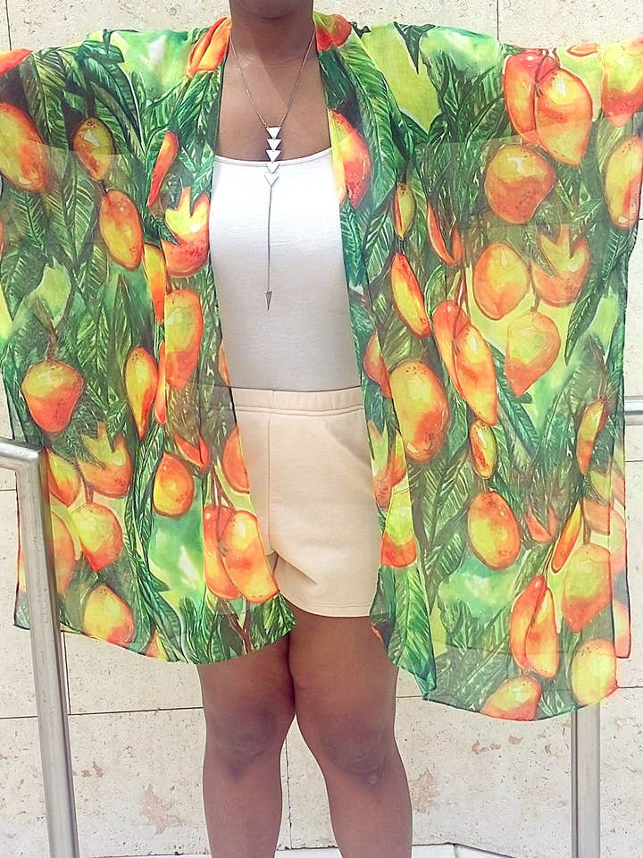 Ebonaiti - Wholesale Swim Cover Up - Women's - Kaftan Kimono Beach Cover Mango Island tropical watercolor1