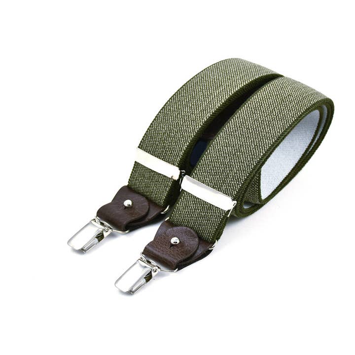 Wide clip-on suspenders with leather details - Khaki tweed for wholesale by Bertelles
