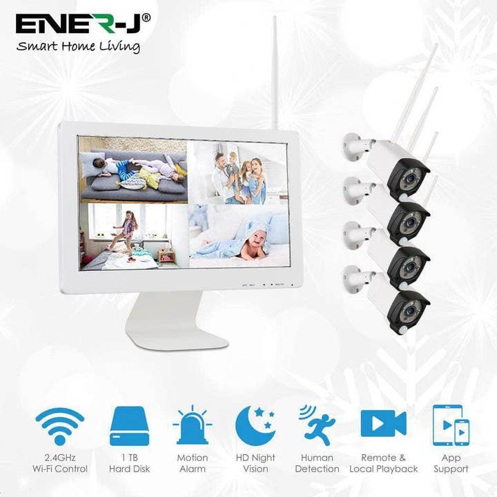 Kit CCTV sans fil ENER-J 8 canaux avec moniteur IPS Full HD 15,6 pouces, disque dur 1 To, caméras d'extérieur 1080p avec audio et détection de mouvement PIR, système de sécurité domestique Plug & Play pour la vente par ENER-J