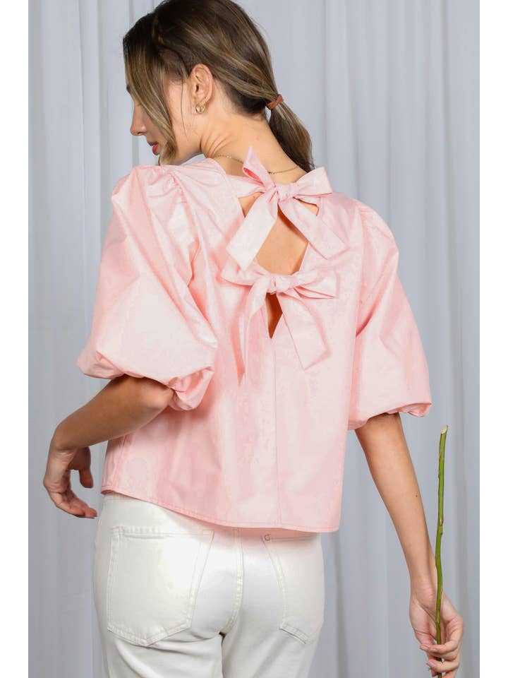 Vine & Love - Wholesale Blouse - Women's - Bubble Sleeve V-Back 2 Bow Detail Blouse Top VT826218