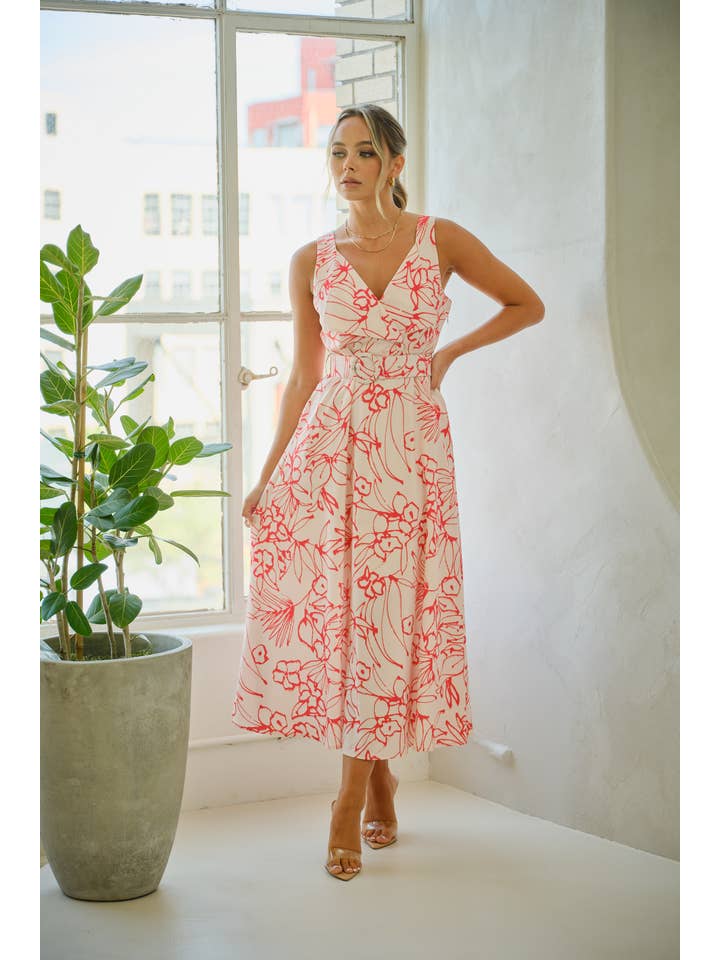 Tea & Cup - Wholesale Dress - Women's - Floral print wide Strap dress with matching belt4