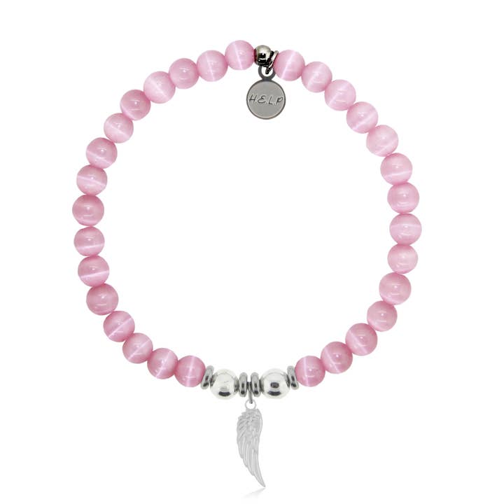 Breloque en forme d'aile d'ange avec bracelet caritatif en forme d'œil de chat rose pour la vente par H.E.L.P