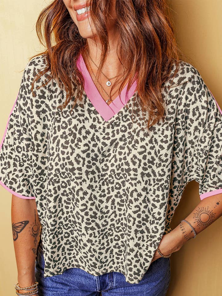 White Contrast V Neck Varsity Short Sleeve Leopard Top for wholesale by Lovesoft