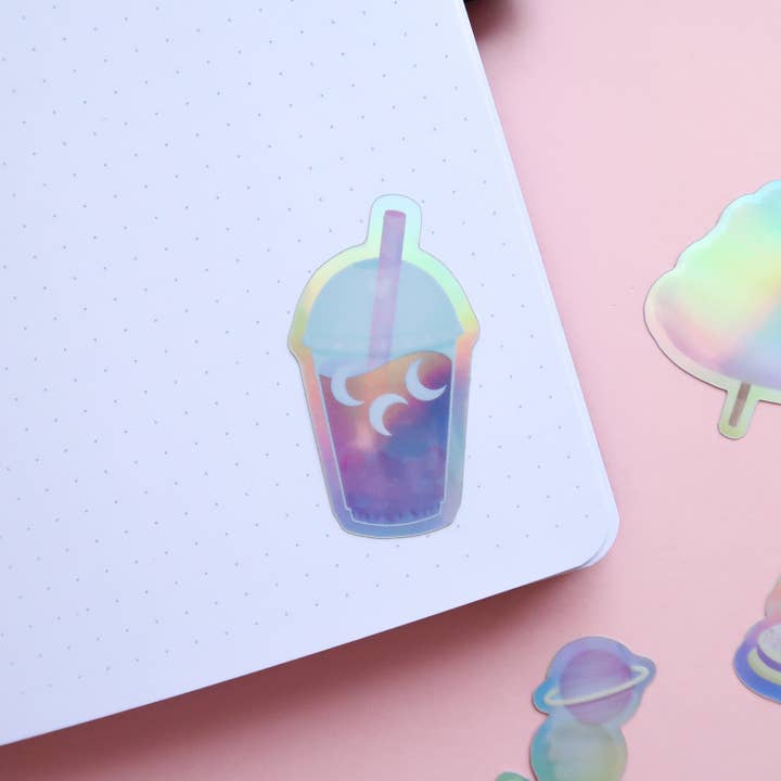 Moon Boba Tea Space Snacks Holographic Stickers for wholesale by Lula Rocks