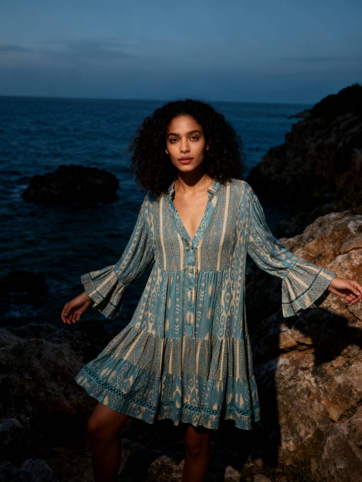 Lurex-Kleid mit V-Ausschnitt und ausgestellten Ärmeln für den Großhandel von last queen