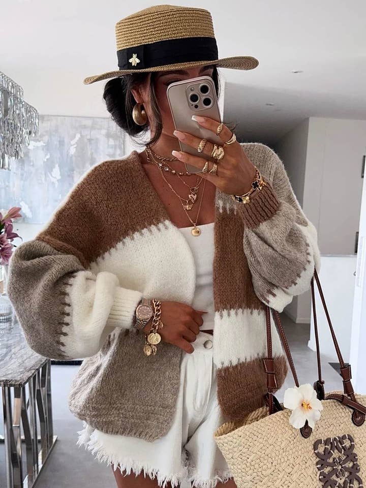 Miraya Contrast Colour Block Knitted Cardigan-Stone for wholesale by Catwalk Wholesale