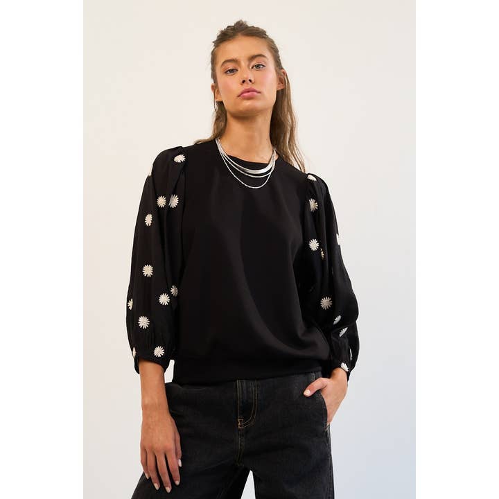 BLACK Embroidered Daisy Balloon Sleeve Knit Top for wholesale on Faire