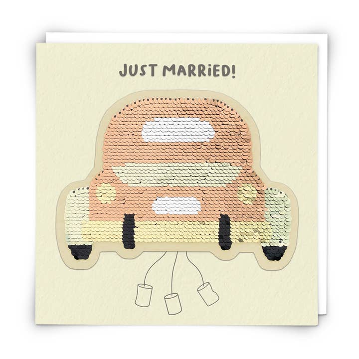 Just Married Card with Reusable Reversible Sequin Patch for wholesale by Redback Cards - ALL duties and tariffs paid
