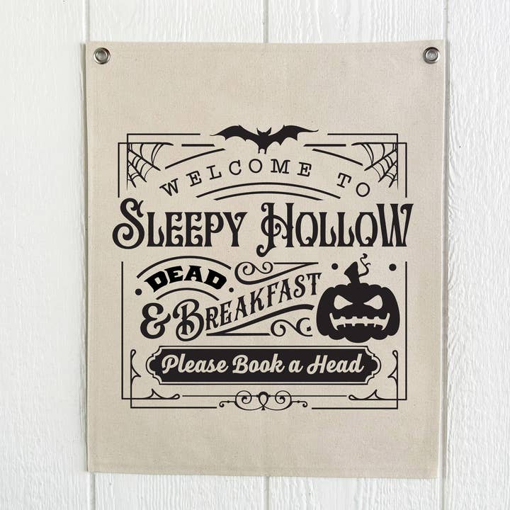 Halloween Decor, Sleepy Hollow Sign, Hanging Tapestry Banner for wholesale by Perfect Day Print Co