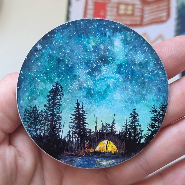 Camping At Night Vinyl Sticker for wholesale by Charis Raine Illustration