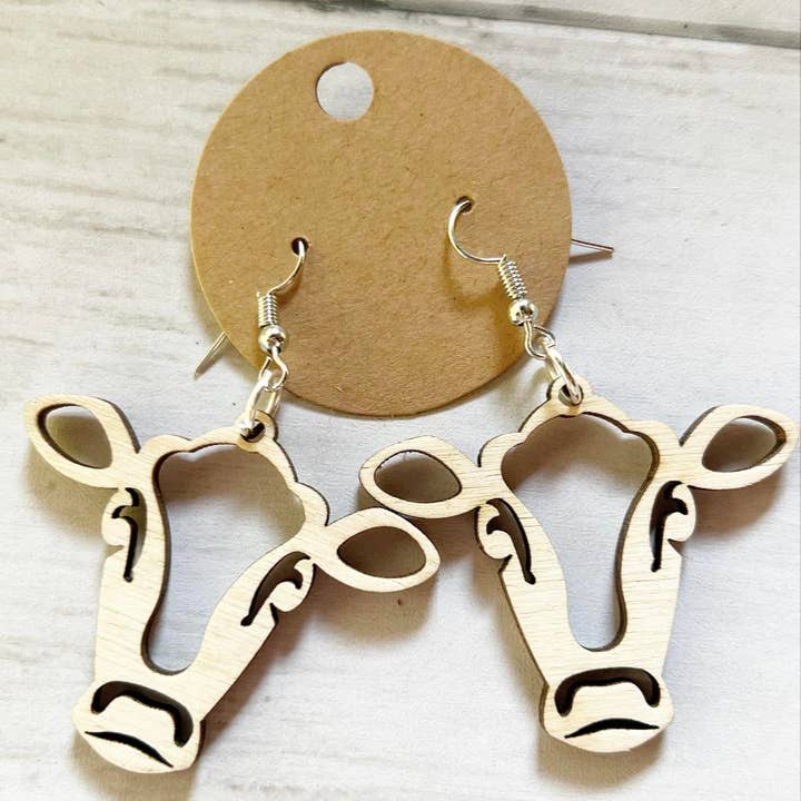 Cute Cow Laser Cut Wooden Earrings for wholesale by Little Country Cottage LLC