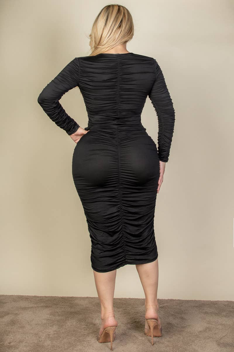 CAPELLA APPAREL - Wholesale Dress - Women's - Plus Size Ruched Long Sleeve Midi Dress3