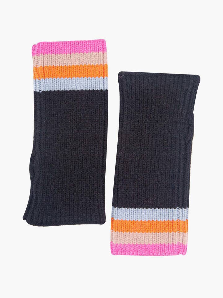 Dollie Wrist Warmers- Black, Rainbow Stripe for wholesale by Sarta Accessories