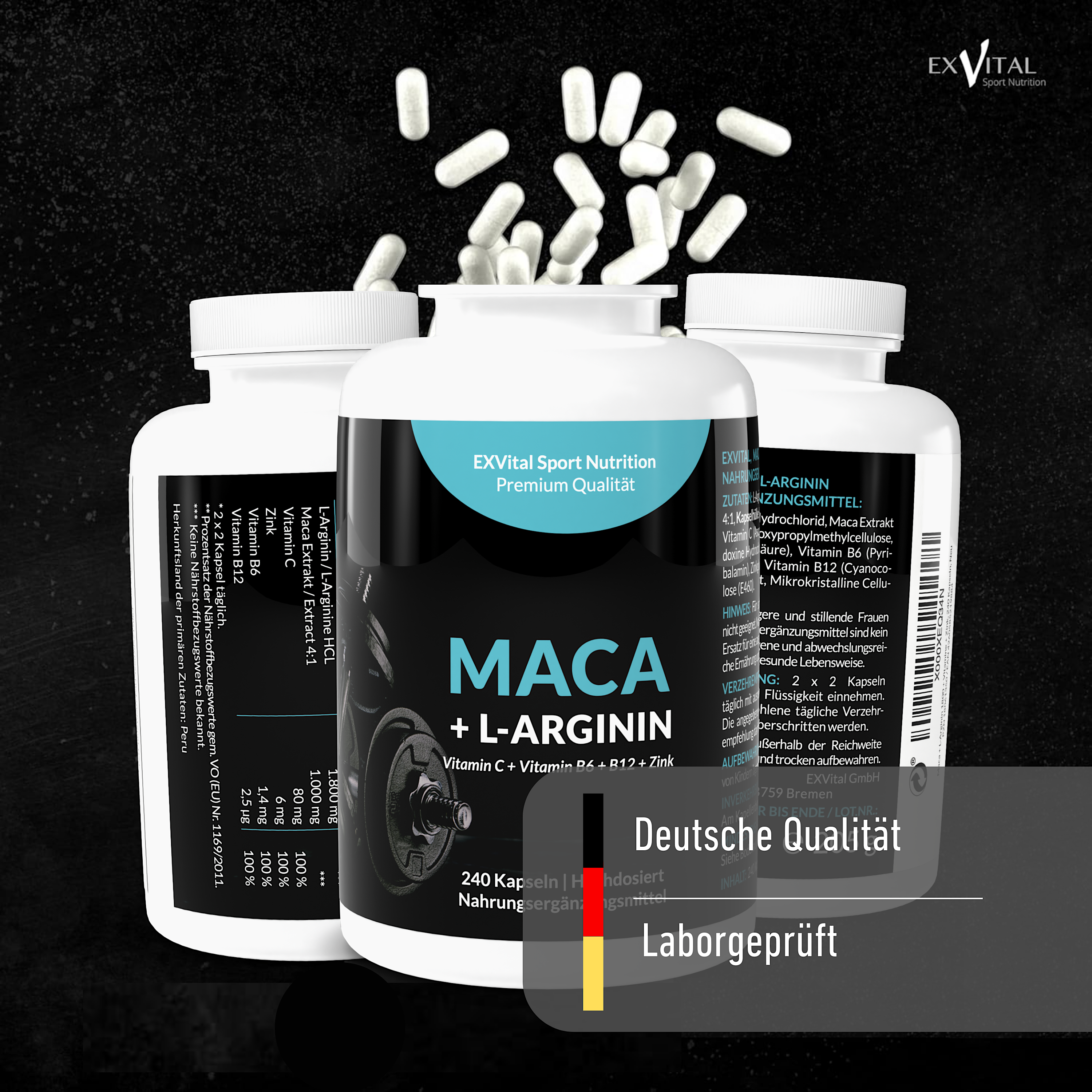 EXVital – wholesale Oral supplement/vitamin – Maca Capsules 1000 mg + L-Arginine 1800 mg + Vitamins + Zinc6