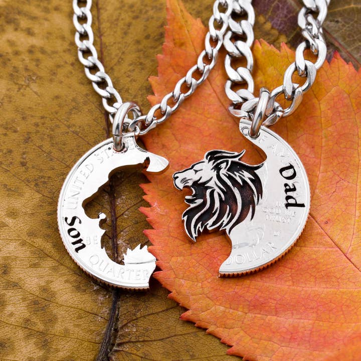 Dad and Son Lion Necklace Set, Interlocking Animal Jewelry for wholesale by NameCoins