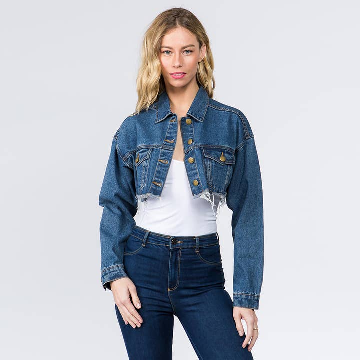 JEANSJACKE IM USED-LOOK MIT AUSGEFRANSTEM SAUM-RJK8084 für den Großhandel von American Bazi