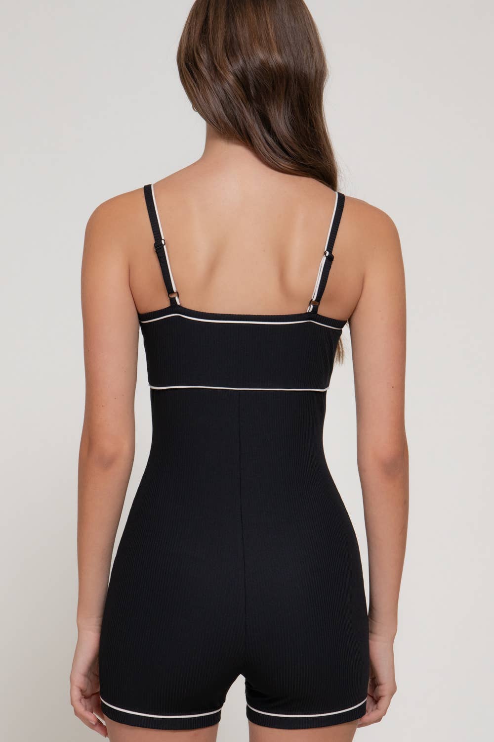 Active Basic | Active USA - Wholesale Romper - Women's - Workout Ribbed Cami Romper with Contrasting Piping Detail12