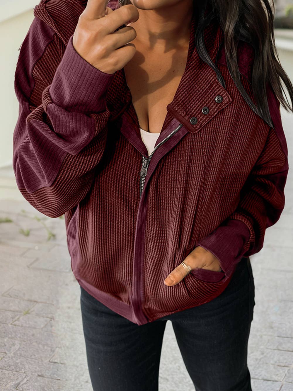 1 the Woman - Wholesale Jacket - Women's - Waffle Splicing Zip Up Front Button Hooded Jacket2