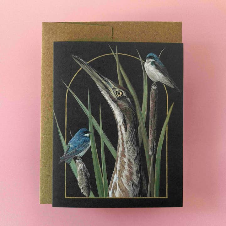 Carte de vœux Bittern & Tree Swallow pour la vente par Bekah Zeimetz Art