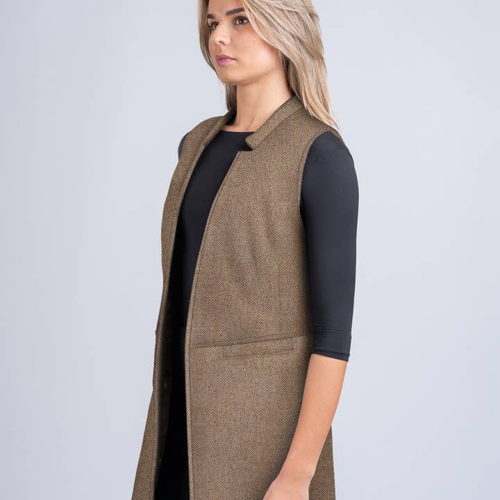 Women's Fawn Tweed Long Gilet for wholesale by Celtic Tweed