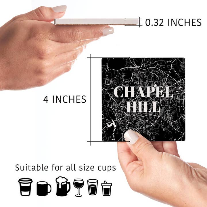 Love Local - Wholesale Coasters - Minimalistic B&W North Carolina Chapel Hill Map | Absorbent Coasters | Set of 4 | Min 25