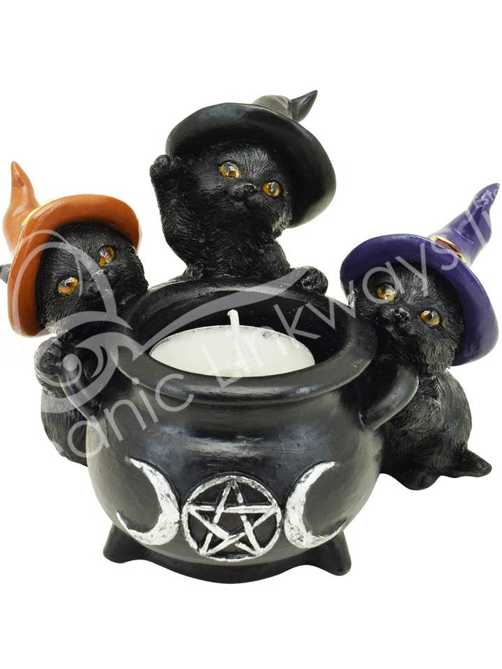 Portavelas, gatos negros con caldero, 4.65 pulgadas de largo x 3.95 pulgadas de ancho x 3 para venta al por mayor de Oceanic Linkways Inc