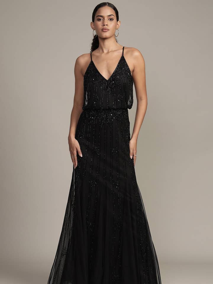 Abito lungo nero con perline Keeva per la vendita all'ingrosso da parte di Lace & Beads